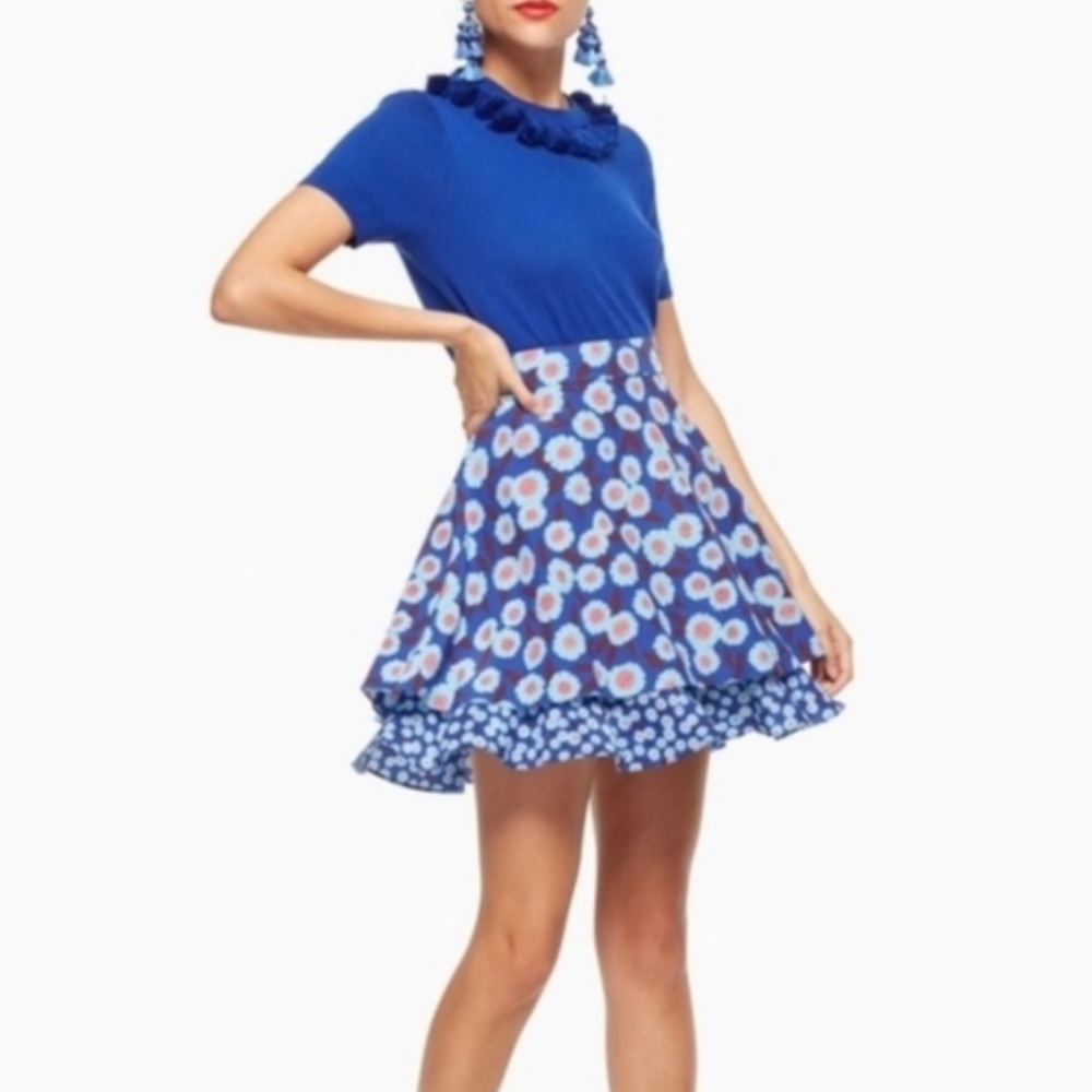 Silk Kate Spade Blue Floral Layered Flowy Back Zip Mini Skirt - Size 8